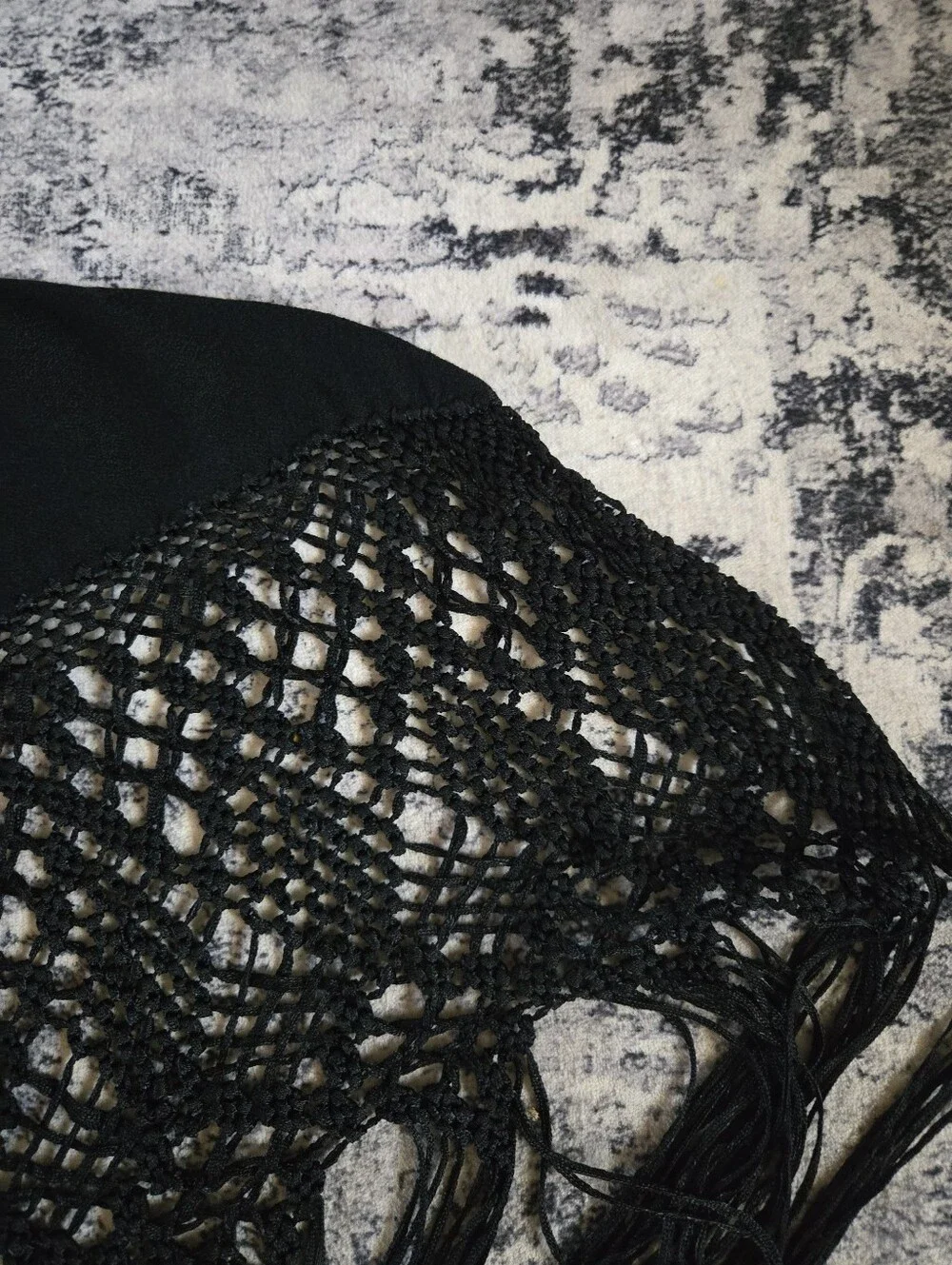 Spanish Flamenco Style Wool Blend Black Shawl With Long Fringe. Triangle Shape.